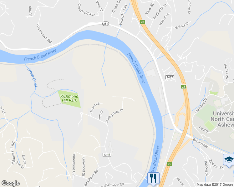 map of restaurants, bars, coffee shops, grocery stores, and more near 40 Rolling Oaks Drive in Asheville