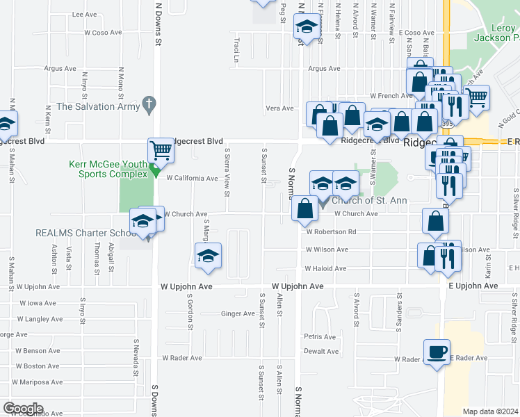 map of restaurants, bars, coffee shops, grocery stores, and more near 243 South Sunset Street in Ridgecrest