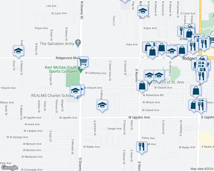 map of restaurants, bars, coffee shops, grocery stores, and more near 708 West Church Avenue in Ridgecrest