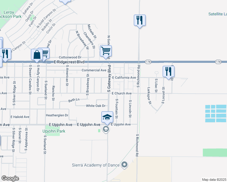 map of restaurants, bars, coffee shops, grocery stores, and more near 910 East Church Avenue in Ridgecrest