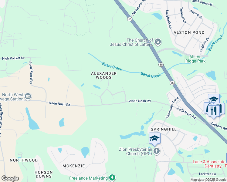 map of restaurants, bars, coffee shops, grocery stores, and more near 4605 Sharpecroft Way in Holly Springs