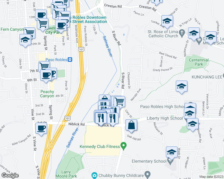 map of restaurants, bars, coffee shops, grocery stores, and more near River Walk in Paso Robles