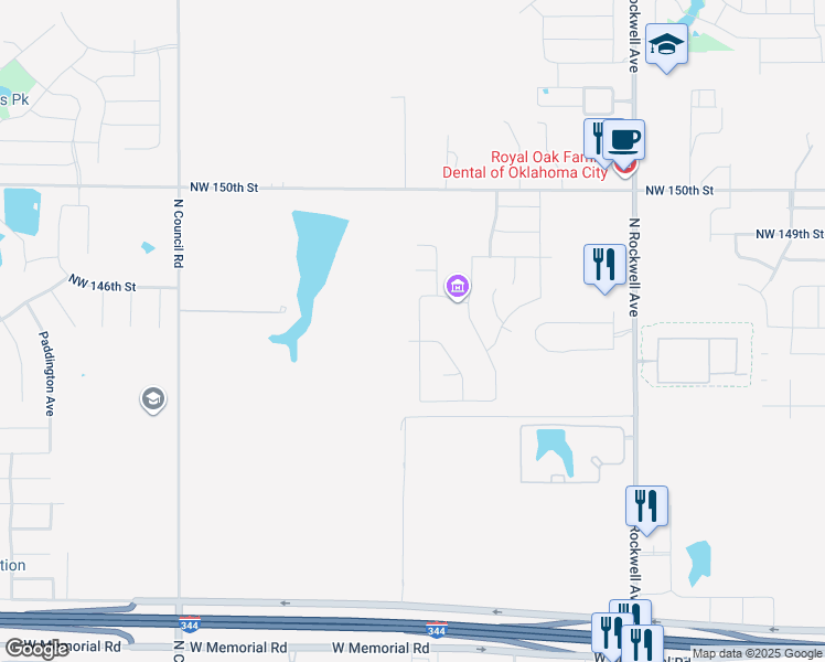 map of restaurants, bars, coffee shops, grocery stores, and more near 15051 Rick Road in Oklahoma City