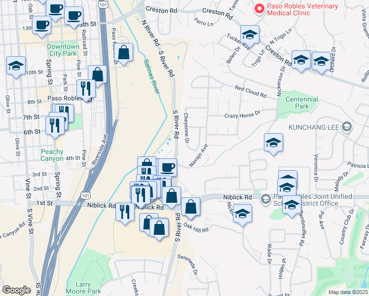 map of restaurants, bars, coffee shops, grocery stores, and more near 251 Cheyenne Drive in Paso Robles