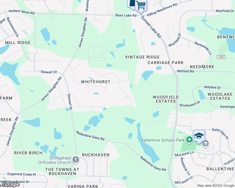 map of restaurants, bars, coffee shops, grocery stores, and more near 2705 White Rail Drive in Fuquay-Varina