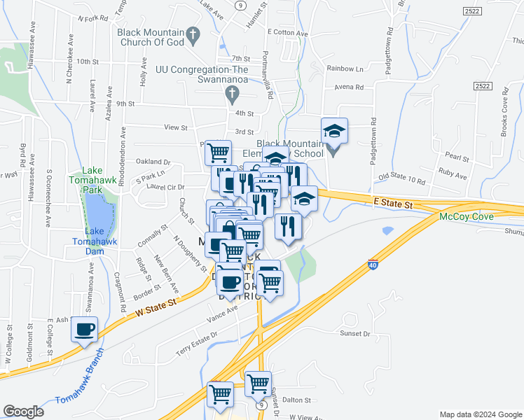map of restaurants, bars, coffee shops, grocery stores, and more near 204 East State Street in Black Mountain