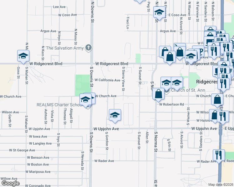 map of restaurants, bars, coffee shops, grocery stores, and more near 712 West Church Avenue in Ridgecrest