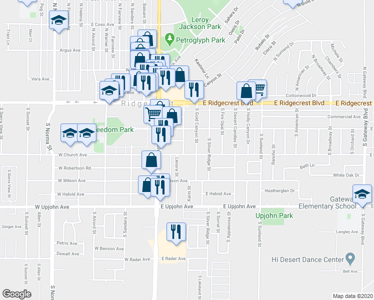 map of restaurants, bars, coffee shops, grocery stores, and more near 228 South Gemstone Street in Ridgecrest
