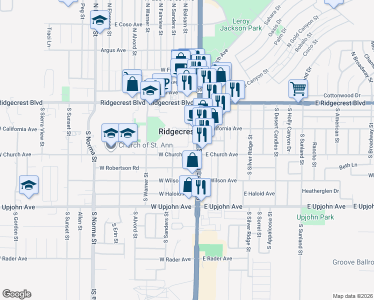 map of restaurants, bars, coffee shops, grocery stores, and more near 269 South China Lake Boulevard in Ridgecrest