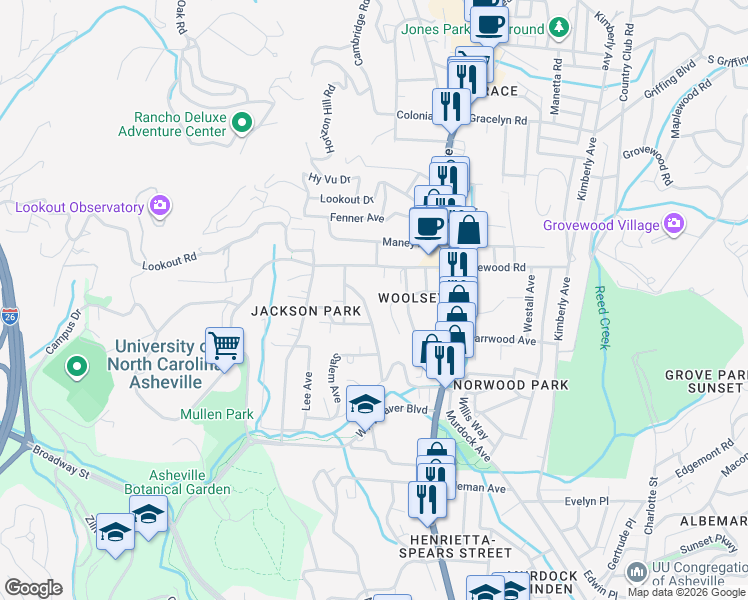 map of restaurants, bars, coffee shops, grocery stores, and more near 18 Durwood Drive in Asheville