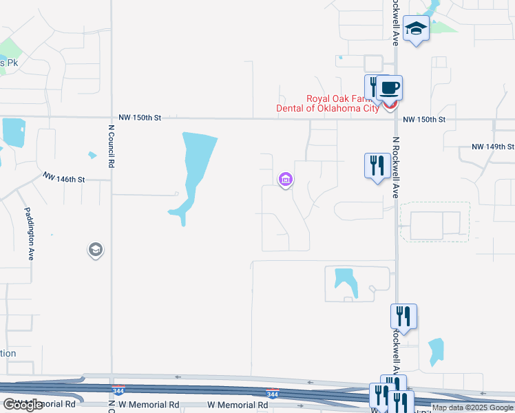 map of restaurants, bars, coffee shops, grocery stores, and more near 14601 Travertine Falls LN in Oklahoma City