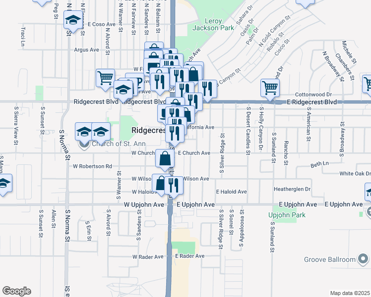 map of restaurants, bars, coffee shops, grocery stores, and more near 118 E Church Ave in Ridgecrest
