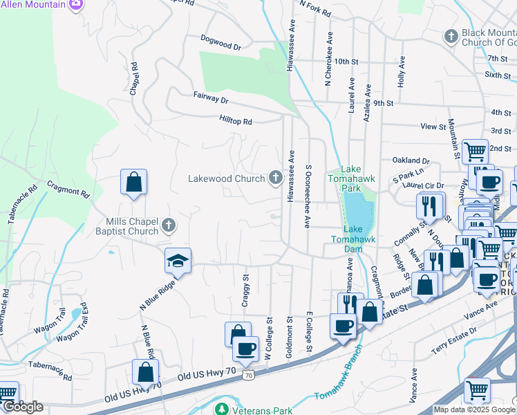 map of restaurants, bars, coffee shops, grocery stores, and more near 218 Mount Allen Heights Road in Black Mountain