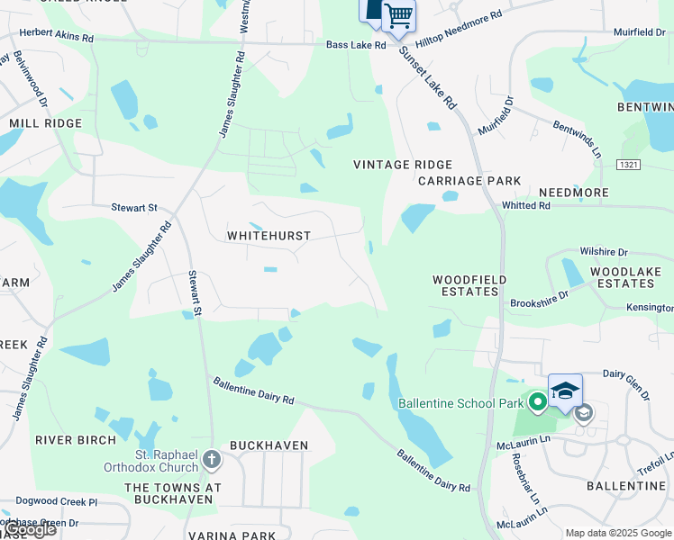 map of restaurants, bars, coffee shops, grocery stores, and more near 2705 White Rail Drive in Fuquay-Varina