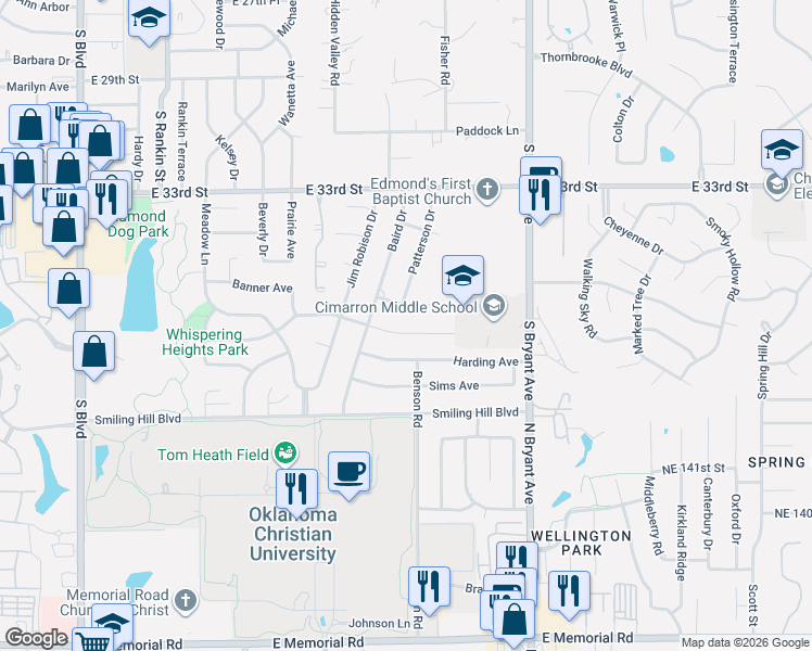 map of restaurants, bars, coffee shops, grocery stores, and more near 1217 Pepperdine Avenue in Edmond