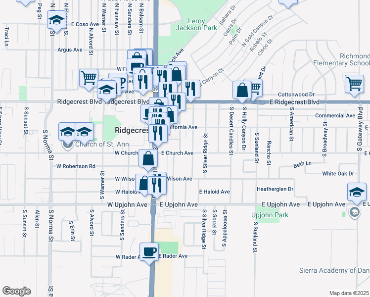 map of restaurants, bars, coffee shops, grocery stores, and more near 228 South Gemstone Street in Ridgecrest