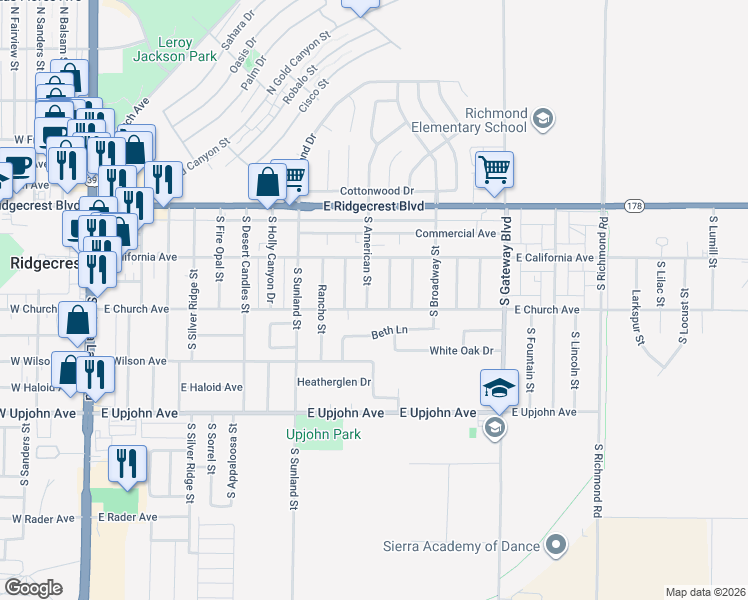map of restaurants, bars, coffee shops, grocery stores, and more near 610 East Church Avenue in Ridgecrest