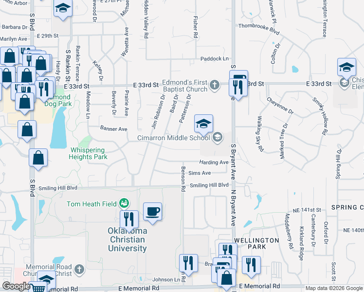map of restaurants, bars, coffee shops, grocery stores, and more near 1217 Pepperdine Avenue in Edmond