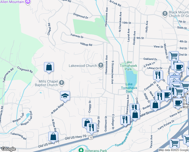 map of restaurants, bars, coffee shops, grocery stores, and more near 218 Mount Allen Heights Road in Black Mountain