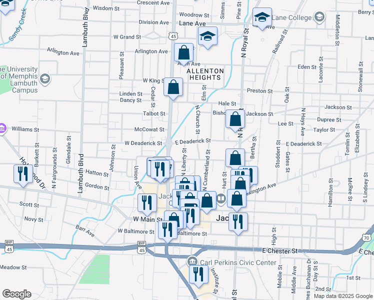map of restaurants, bars, coffee shops, grocery stores, and more near 393 North Liberty Street in Jackson