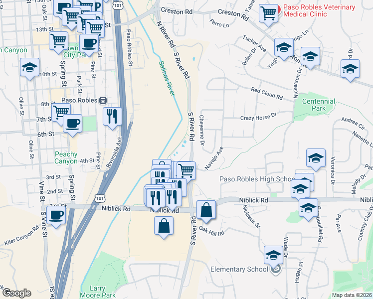 map of restaurants, bars, coffee shops, grocery stores, and more near 207 Vista Del Rio Court in Paso Robles
