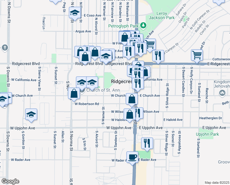 map of restaurants, bars, coffee shops, grocery stores, and more near 208 West Church Avenue in Ridgecrest