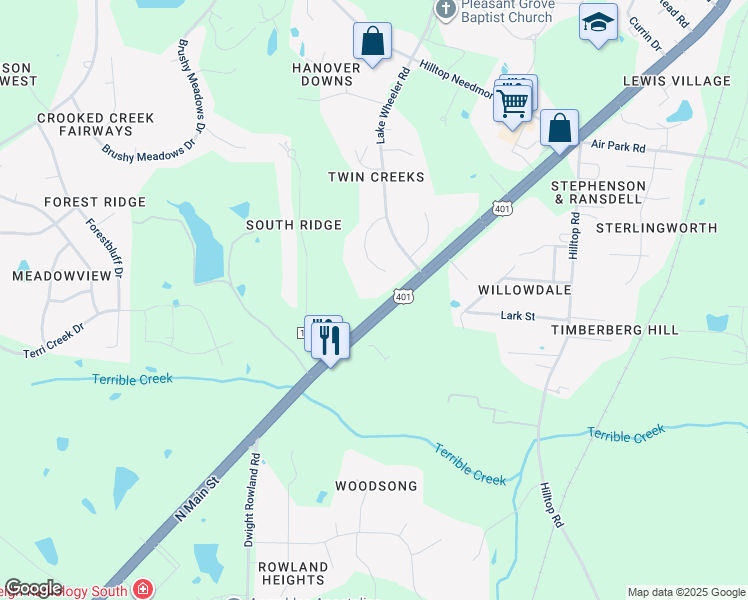 map of restaurants, bars, coffee shops, grocery stores, and more near 3101 North Main Street in Fuquay-Varina