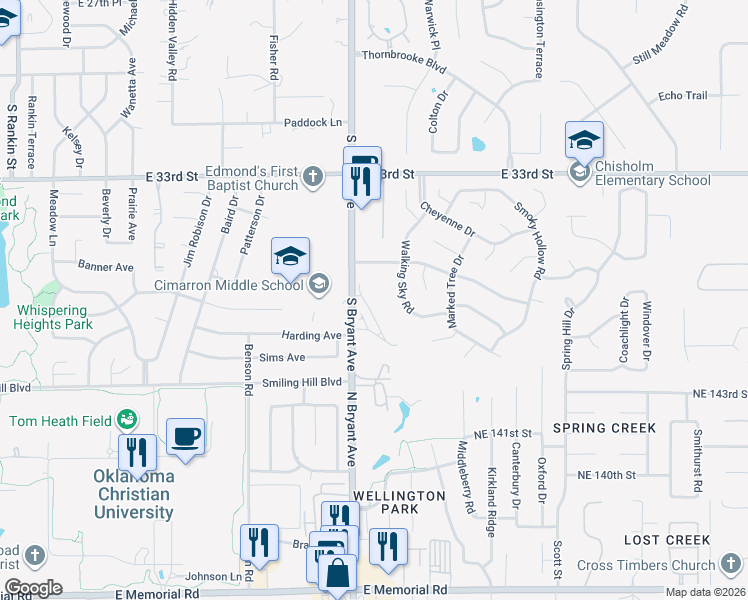 map of restaurants, bars, coffee shops, grocery stores, and more near 3716 Summer Cloud Drive in Edmond