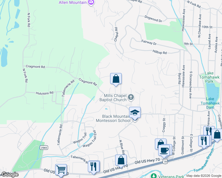 map of restaurants, bars, coffee shops, grocery stores, and more near 10 Asa Court in Black Mountain