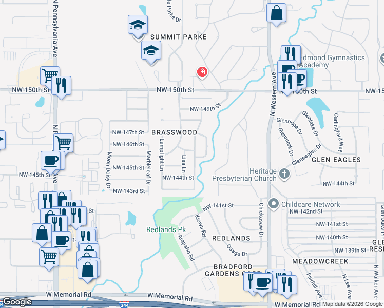 map of restaurants, bars, coffee shops, grocery stores, and more near 14613 Brasswood Boulevard in Edmond