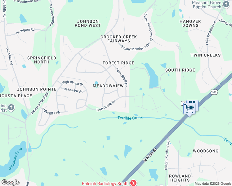 map of restaurants, bars, coffee shops, grocery stores, and more near 2101 Terri Creek Drive in Fuquay-Varina