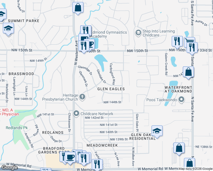 map of restaurants, bars, coffee shops, grocery stores, and more near 711 Glenridge Drive in Edmond