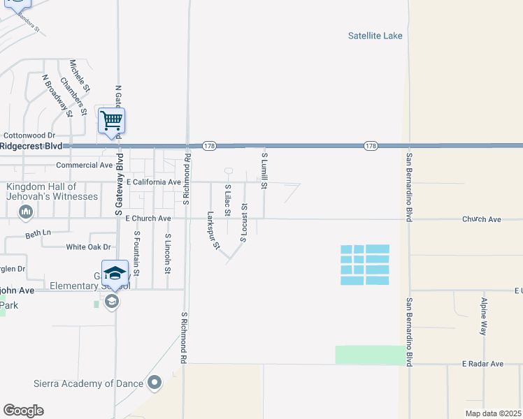 map of restaurants, bars, coffee shops, grocery stores, and more near 1300 East Church Avenue in Ridgecrest