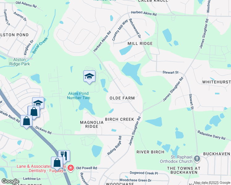 map of restaurants, bars, coffee shops, grocery stores, and more near 2041 Herbert Akins Road in Fuquay Varina