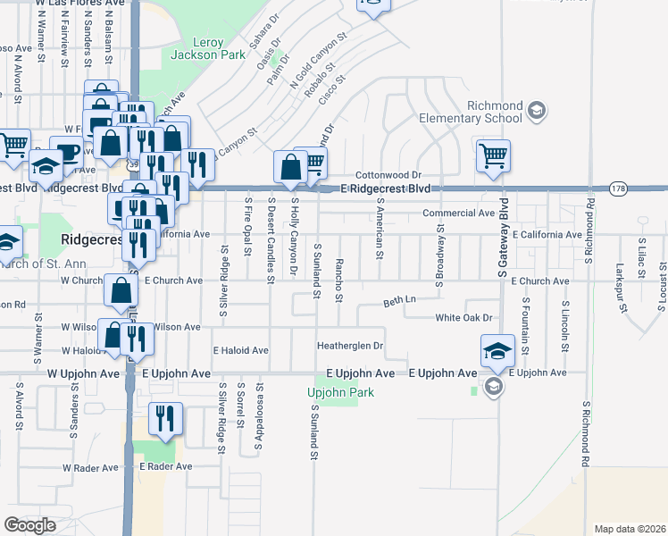 map of restaurants, bars, coffee shops, grocery stores, and more near 524 East Church Avenue in Ridgecrest