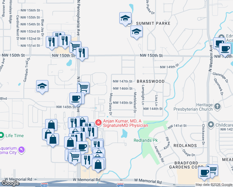map of restaurants, bars, coffee shops, grocery stores, and more near 1828 Northwest 146th Terrace in Edmond