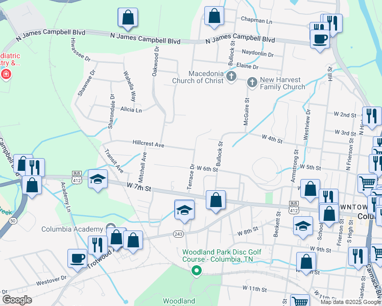 map of restaurants, bars, coffee shops, grocery stores, and more near 609 Terrace Drive in Columbia