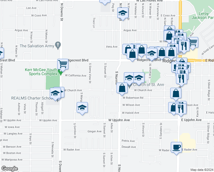 map of restaurants, bars, coffee shops, grocery stores, and more near 234 South Sunset Street in Ridgecrest