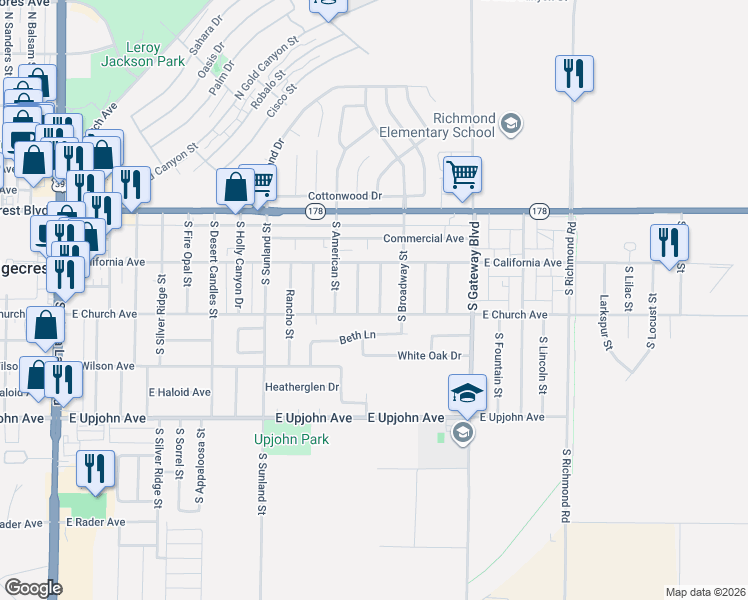 map of restaurants, bars, coffee shops, grocery stores, and more near 240 South Forest Knoll Street in Ridgecrest