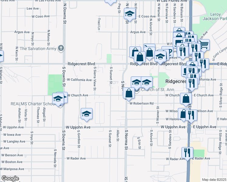 map of restaurants, bars, coffee shops, grocery stores, and more near 244 South Sunset Street in Ridgecrest