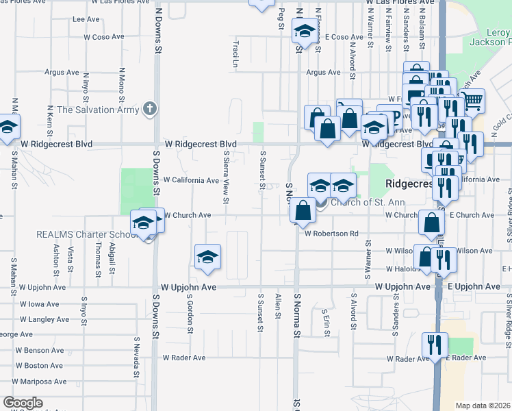 map of restaurants, bars, coffee shops, grocery stores, and more near 244 South Sunset Street in Ridgecrest