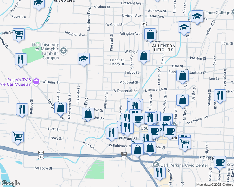 map of restaurants, bars, coffee shops, grocery stores, and more near 224 West Deaderick Street in Jackson