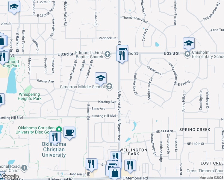 map of restaurants, bars, coffee shops, grocery stores, and more near 3701 South Bryant Avenue in Edmond