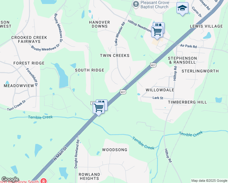map of restaurants, bars, coffee shops, grocery stores, and more near 3101 North Main Street in Fuquay-Varina