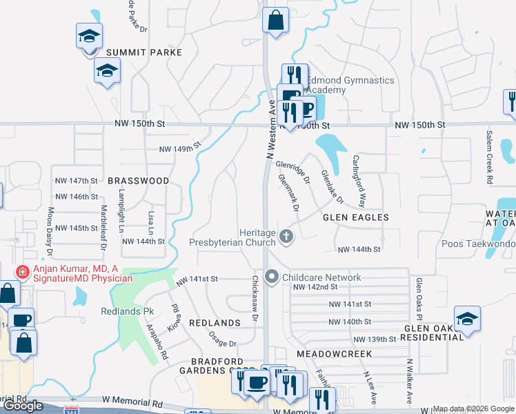 map of restaurants, bars, coffee shops, grocery stores, and more near 14709 Gleneagles Court in Edmond