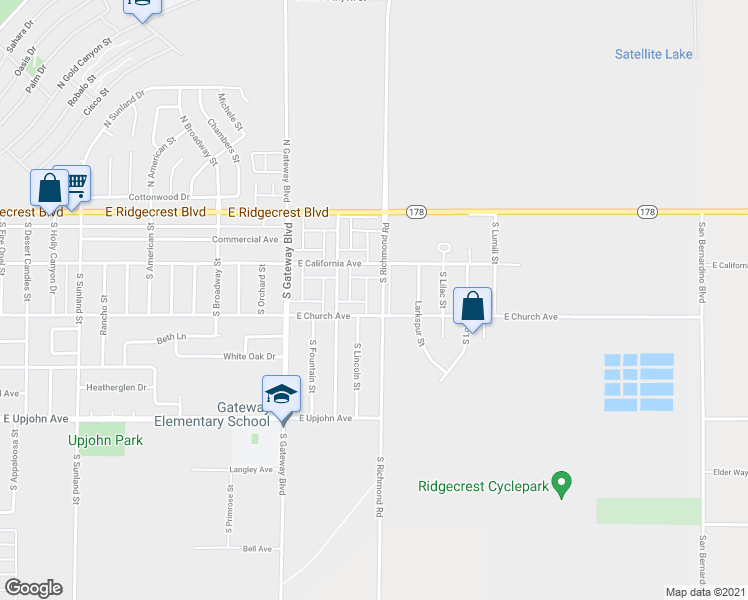 map of restaurants, bars, coffee shops, grocery stores, and more near 229 South Richmond Road in Ridgecrest