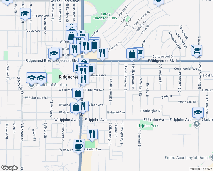map of restaurants, bars, coffee shops, grocery stores, and more near 224 South Gold Canyon Street in Ridgecrest