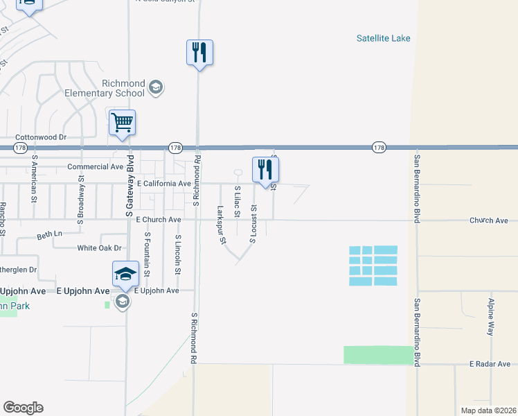 map of restaurants, bars, coffee shops, grocery stores, and more near 1300 East Church Avenue in Ridgecrest