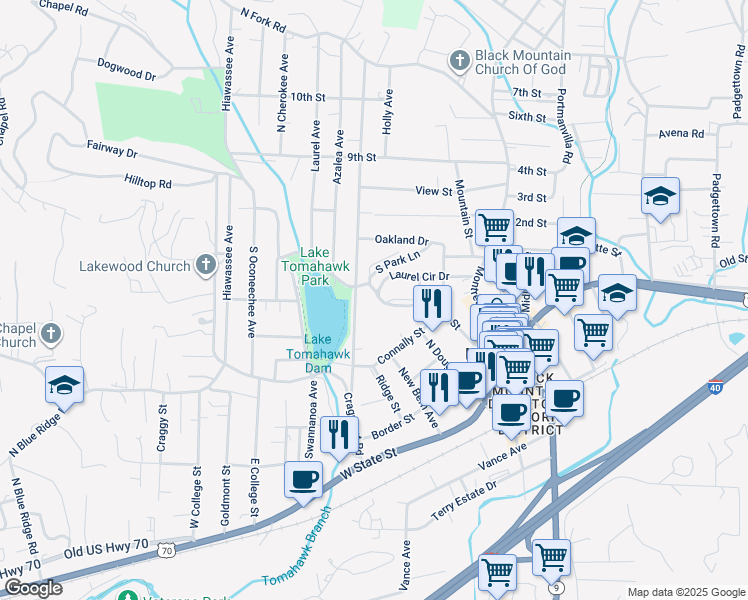 map of restaurants, bars, coffee shops, grocery stores, and more near 231 Laurel Circle Drive in Black Mountain