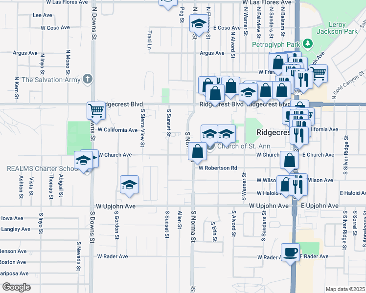 map of restaurants, bars, coffee shops, grocery stores, and more near 243 South Norma Street in Ridgecrest